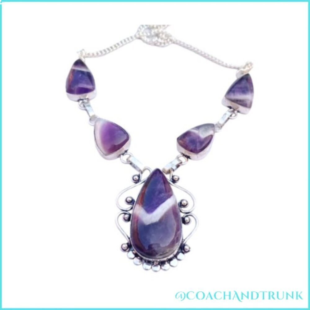 5 Natural Chevron Amethyst Handcrafted Scrollwork Silver Adjustable Length NEW - Picture 3 of 5